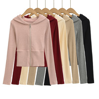 Fashionable and casual threaded ribbed stitching hooded long-sleeved zip-up top sweatshirt - Thumbnail 5