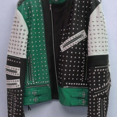 Crafted leather men's fashion biker studded leather jacket