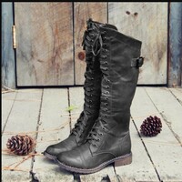 Women's low heel belt buckle lace-up knight boots high boots  - Thumbnail 4
