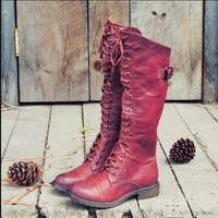Women's low heel belt buckle lace-up knight boots high boots  - Thumbnail 5