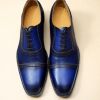 Crafted Leather Classic Blue Leather Oxford Lace up Dress Shoes - Thumbnail 1