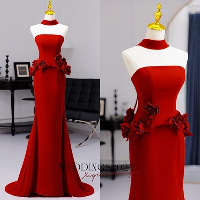 Red off shoulder evening gown floor length formal dress with handmade flower elegant long prom dress wedding guest gala outfit