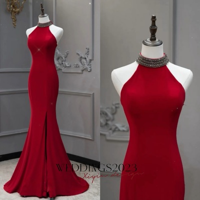 Glamorous Halter Beaded Slit Floor Length Evening Gown - Halter Neck Design, Perfect for Formal Events, Prom Dress, Long Prom Dress, Sparkly Prom Dres
