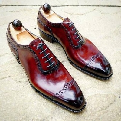 Handmade Men Red Patina Calf Leather Wingtip Oxford Lace up Dress Shoes