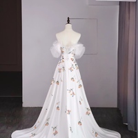 Hot Selling Ivory Embroidered Applique Strapless Detachable Long Sleeve Wedding Dress with Train - Thumbnail 6