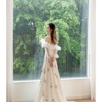 Hot Selling Ivory Embroidered Applique Strapless Detachable Long Sleeve Wedding Dress with Train - Thumbnail 9