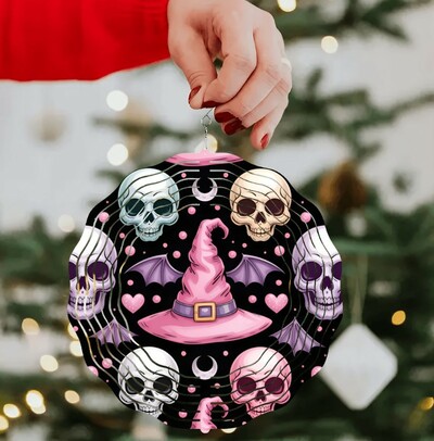 Pink Witch Hat Skulls & Bats Spinning Halloween Metal Ornament 10x10 | Free Shi