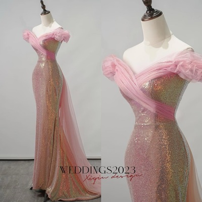 Pink sequin off the shoulder prom dress, off shoulder slit mermaid gown, sparkly formal evening dress for gala, pageant or party