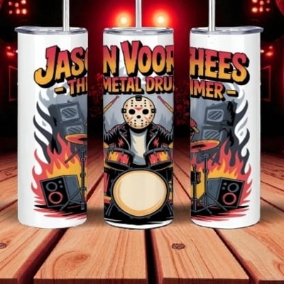 Jason voorhees killer metal drummer tumbler - horror movie slasher band travel cup with metal straw