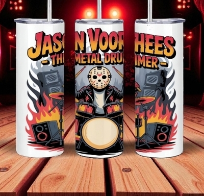 Jason Voorhees Killer Metal Drummer Tumbler - Horror Movie Slasher Band Travel Cup with Metal Straw