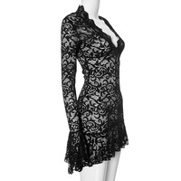 Solid color lace hollow low neck long sleeve hip skirt - Thumbnail 2