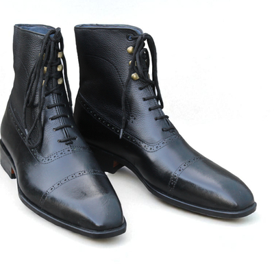 Crafted leather classic black calf leather lace up ankle high boot