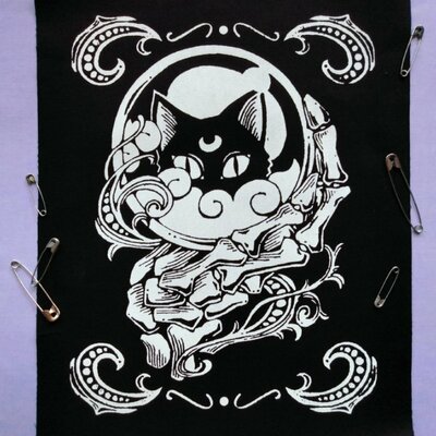 Crystal ball with black cat & skeleton hand goth punk horror patch (large ver.)
