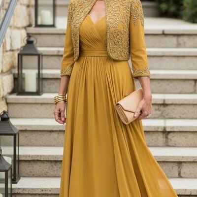 Plus size yellow lace jacket mother of bride /groom dresses evening formal gown
