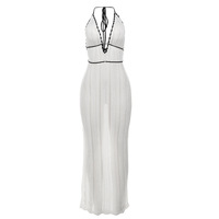 Fashionable contrast color V-neck halter neck lace-up backless knitted dress - Thumbnail 2