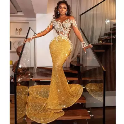 Sparkly Gold Sequins Prom Dresses Crystals Sweep Train Custom Made Sheer Neck Evening Gown Formal Occasion Wear