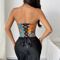Retro jacquard oil painting color fishbone slim vest lace-up bra - Thumbnail 3