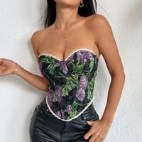 Retro flower print wrap chest lace lace French niche fishbone small vest - Thumbnail 3