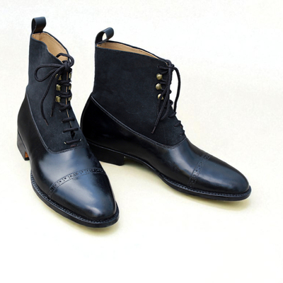 Crafted leather bespoke men black calf and black suede ankle high lace up boot