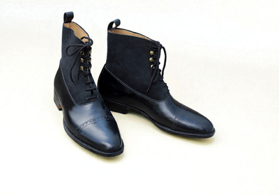 Crafted Leather Bespoke Black Calf and Black Suede Ankle High Lace up Boot