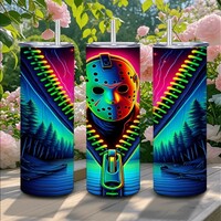 Friday the 13th Movie | Neon Cyber-Horror Jason Tumbler | 20oz Skinny Stainless Steel Travel Mug - Thumbnail 2