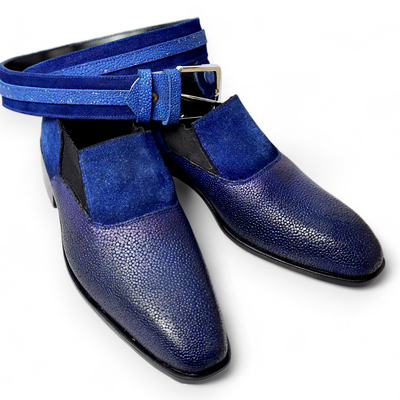Crafted leather classic and luxury handmade blue stingray with half blue suede dress shoes with matching belt