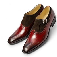 Crafted Leather Classic Brown Suede Burgundy Patina Monk Strap Loafers Dress Shoes - Thumbnail 1