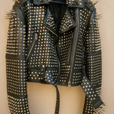 Crafted leather new classic awesome handmade women's black studded brando metal spiked leather round studs jacket