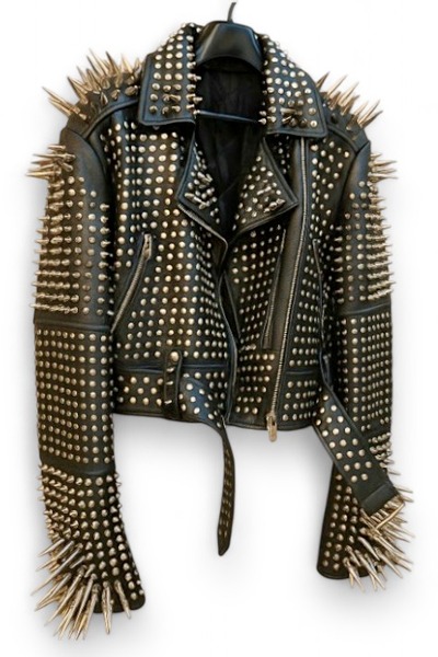 Crafted Leather New Classic Awesome Handmade Women's Black Studded Brando Metal Spiked Leather Round Studs Jacket