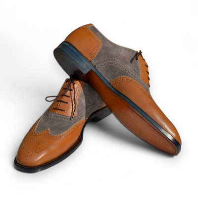 Crafted Leather Brown Gray Suede Leather Wingtip Men Oxford Lace up Dress Shoes