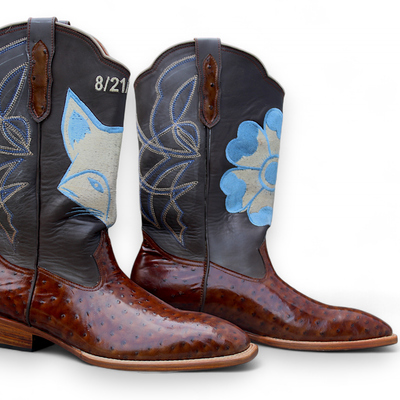 Crafted leather classic men's brown ostrich leather cowboy boots