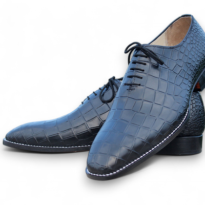 Crafted leather handmade men black crocodile leather lace up dress shoes