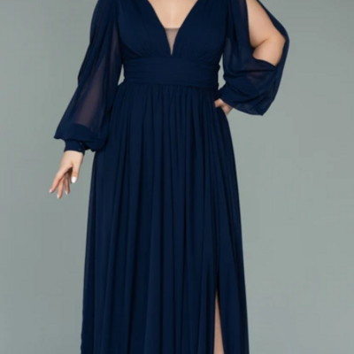 Simple chiffon v-neck long sleeve front split pleated plus size mother of bridal dress evening dress