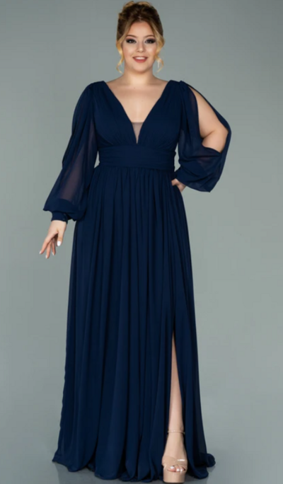 Simple Chiffon V-neck Long Sleeve Front Split Pleated Plus Size Mother Of Bridal Dress Evening Dress