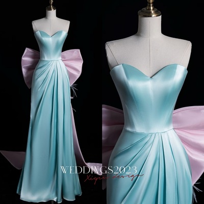 Lovely sweetheart neckline strapless light blue satin with detachable bow prom dresses 