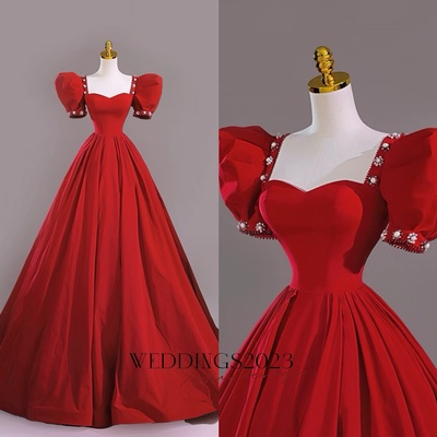 Red short sleeves sweetheart neck a-line floor length with beading ball gown 
