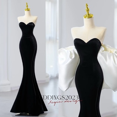Sexy strapless sweetheart neck black velvet mermaid with removeled shawl prom dress