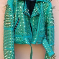 Crafted Leather New Classic Awesome Handmade Women's Viridian Green Leather Studded Brando Metal Spiked Leather Round Studs Jacket - Thumbnail 1