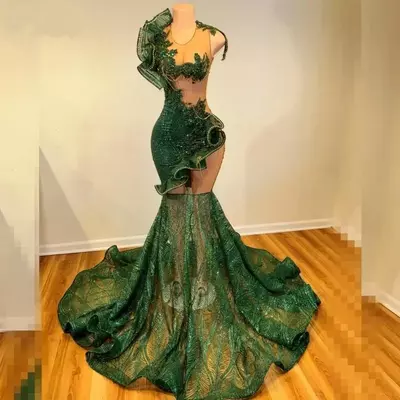 See through green lace prom dresses  african women mermaid party gowns for african girls vestidos de festa