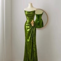 Custom Green Sequin Ruched Scoop Neck Strapless Slit Prom Dress,, Strapless Evening Party Dress,Open Back Dresses - Thumbnail 4