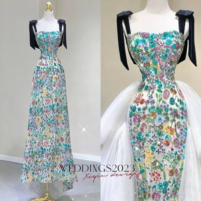 Lovely lace black shoulder strap floor length lace up back with removable tulle train prom dress