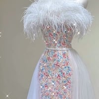 High-end Charming Strapless Printing Prom Dresses Mermaid Strapless Tassel Sleeveless Backless Sweep Train Prom Dresses - Thumbnail 1