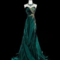 Dark Green Strapless Sweetheart Neck Mermaid Beading Vintage Long Evening Party Dress - Thumbnail 9