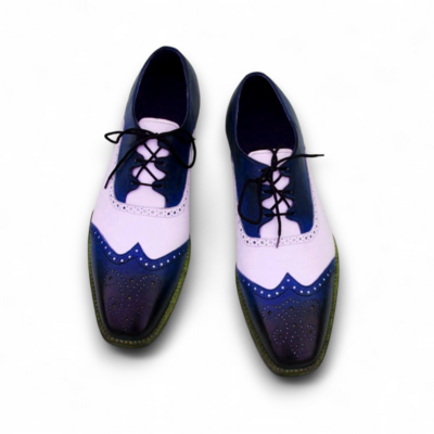 Crafted leather men’s classic ghillie lacing blue white leather wing tip dress shoes