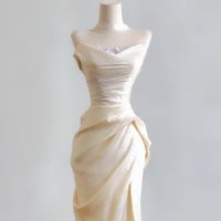 Simple Mermaid Champagne Long Prom Dress, Champagne Evening Dress with Lace - Thumbnail 1