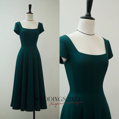 Simple style dark green satin cap sleeves sheath tea length evening dress