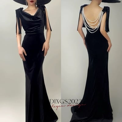 Black Mermaid Eembellished Velvet Open-back Maxi Dress,Floor Length Black Prom Dress