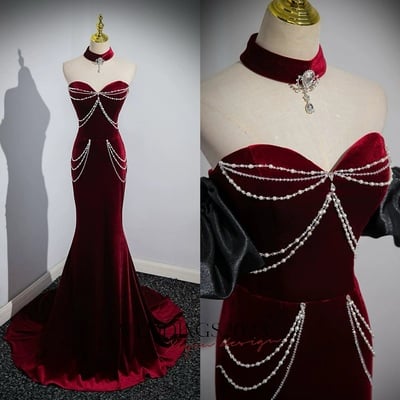  Mermaid Velvet Long Prom Dress, Burgundy Sweetheart Neck Evening Party Dress ,Remove Sleeves Evevning Dress