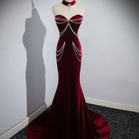  Mermaid Velvet Long Prom Dress, Burgundy Sweetheart Neck Evening Party Dress ,Remove Sleeves Evevning Dress - Thumbnail 1