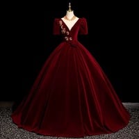 Elegant Burgundy Lace Flower Velvet Prom Dresses Ball Gown Scoop Neck Short Sleeve Backless Floor-Length / Long Prom Formal Dresses - Thumbnail 5